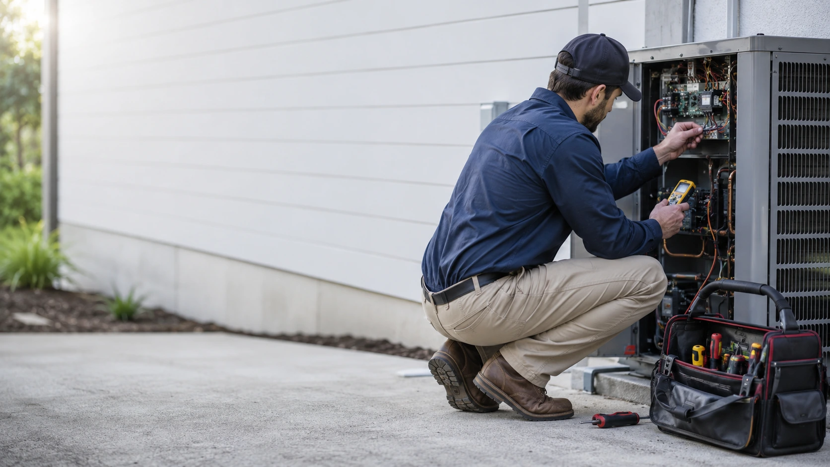 HVAC technician inspecting an outdoor air-conditioning unit beside a home