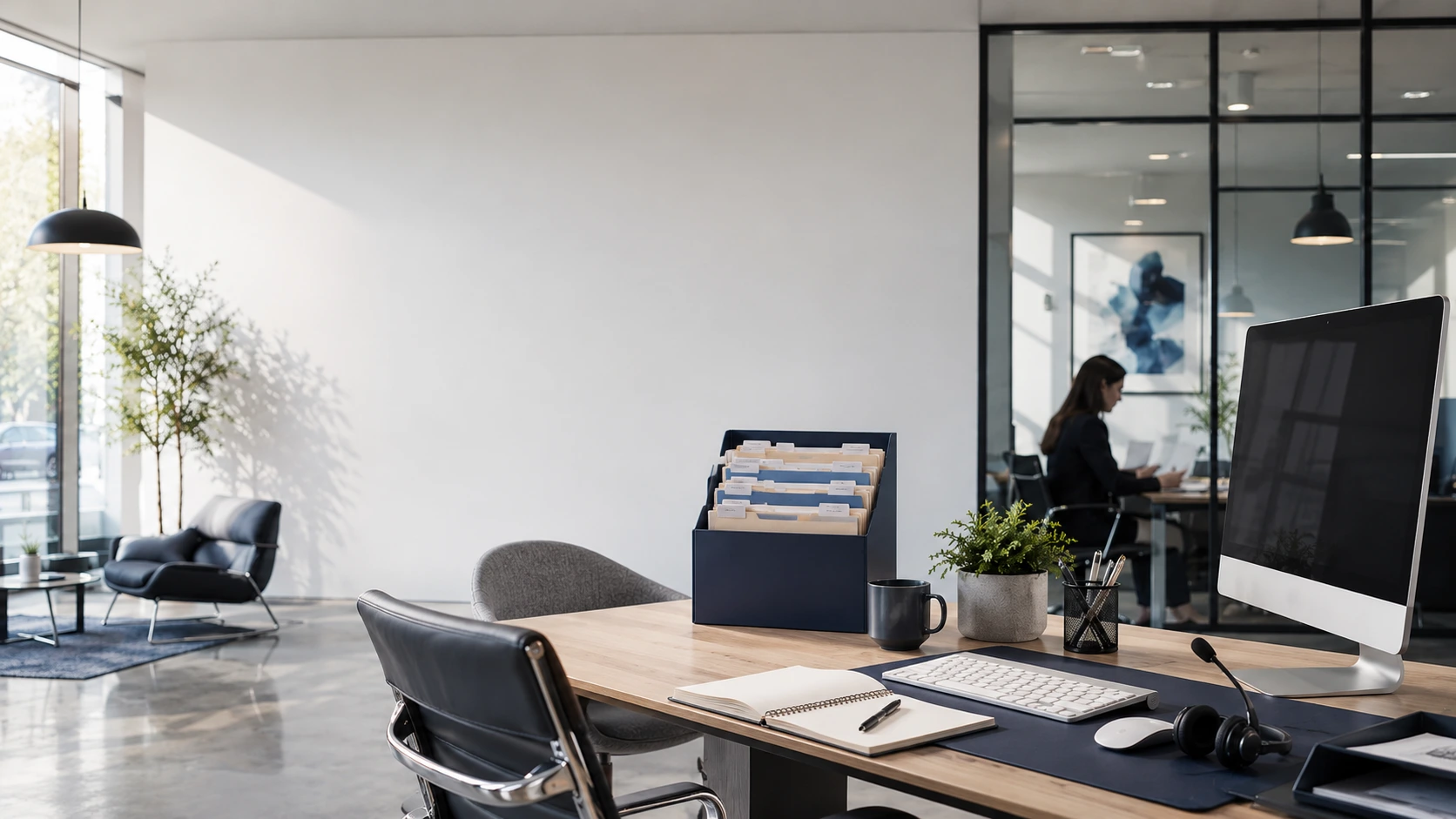 Modern recruitment office workspace with a desk, computer and organised candidate files