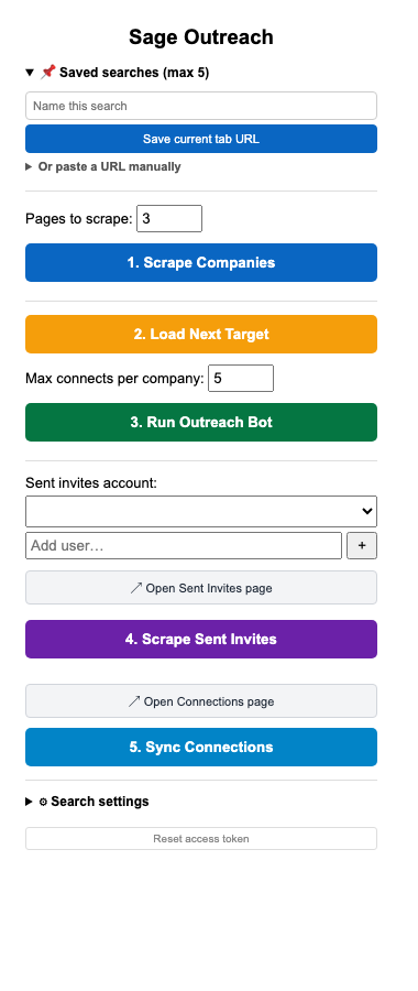Sage Outreach Chrome extension interface with controlled company research and outreach workflow actions