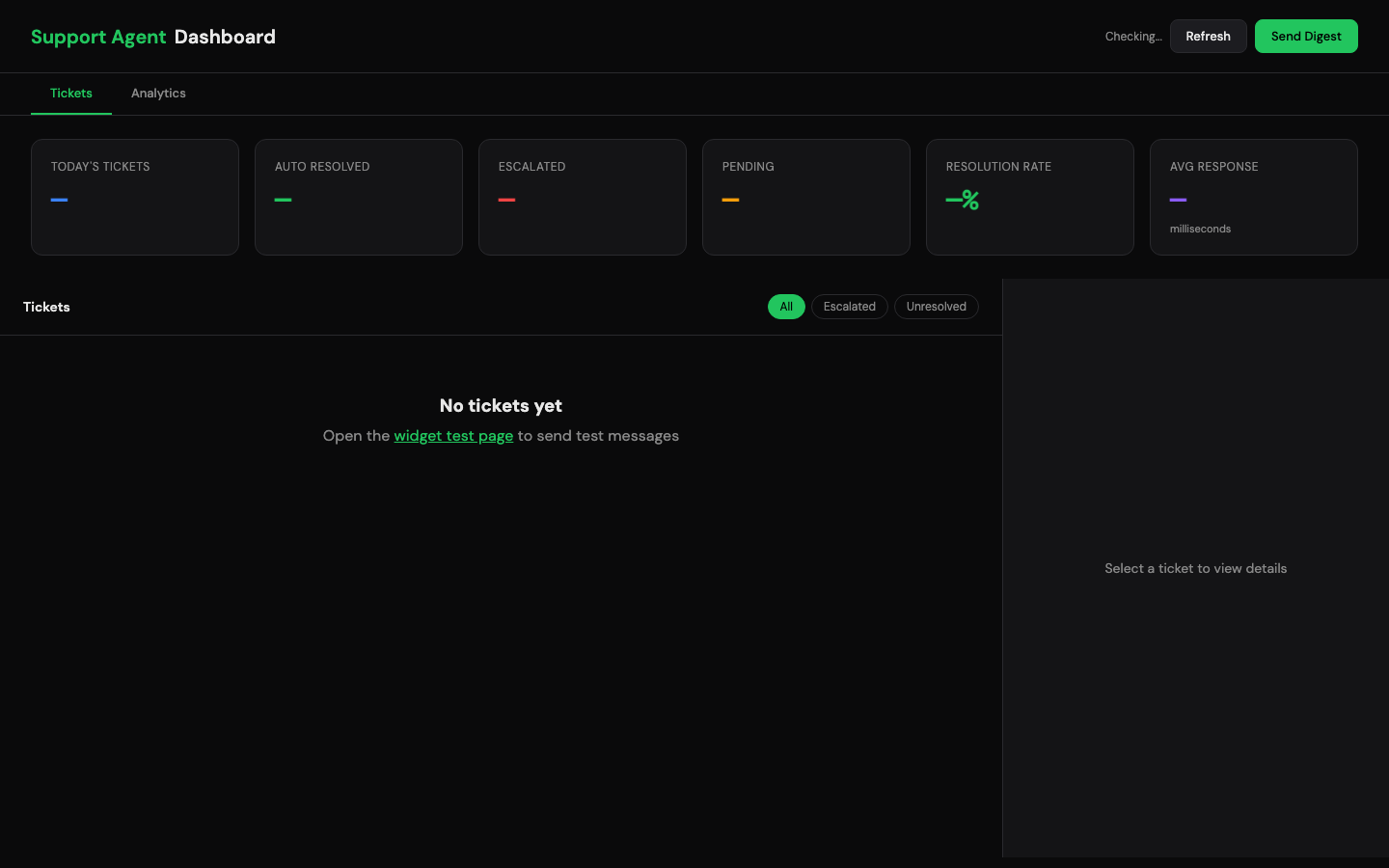 Shopify AI Support Agent dashboard with ticket, escalation and response-state panels
