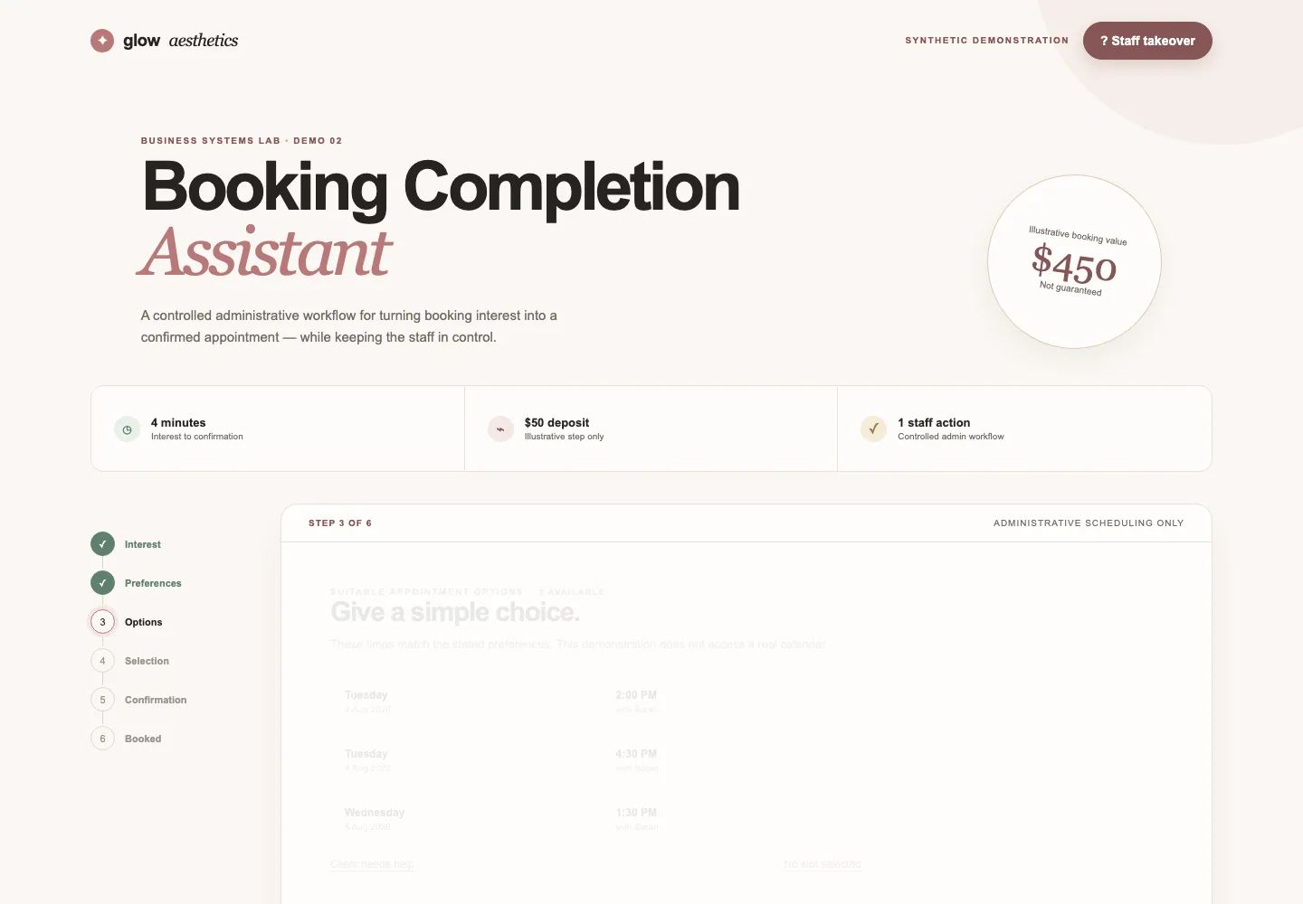 Booking Completion demonstration showing three suitable appointment options after preference capture