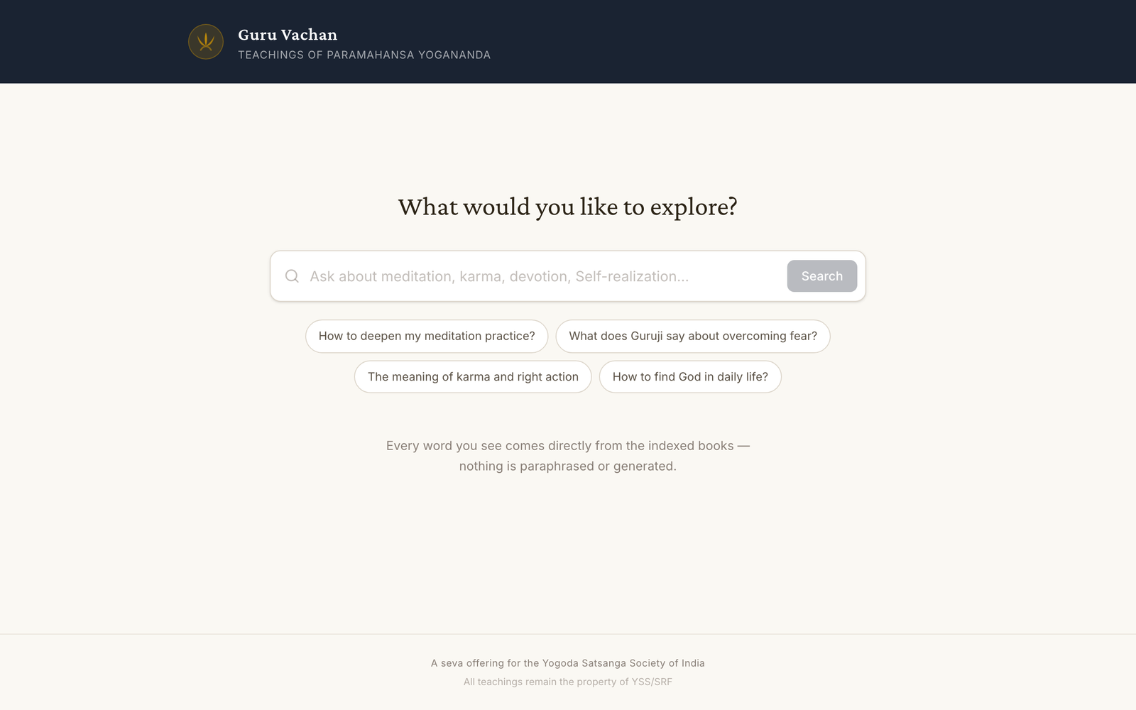 Guru Vachan landing page with search bar and example queries